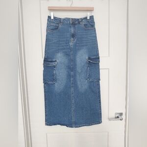 Denim Cargo Pocket Midi Skirt - Classic Blue